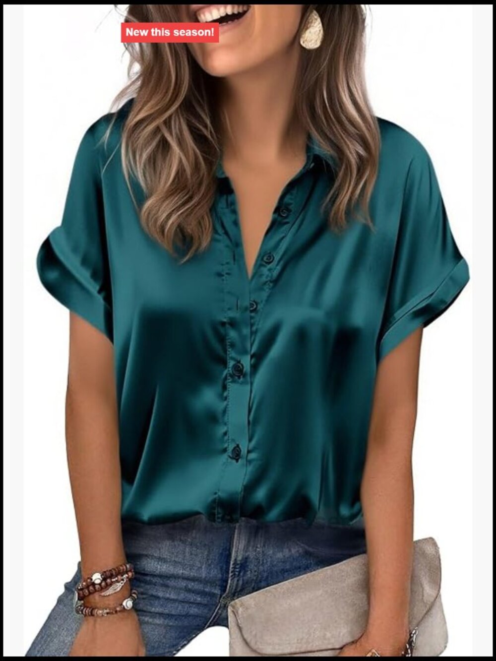 Women's Satin Blouse Short Sleeve V-Neck Button Down Shirt